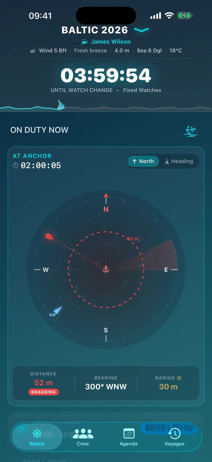 Drift radar on the voyage dashboard — anchor alarm