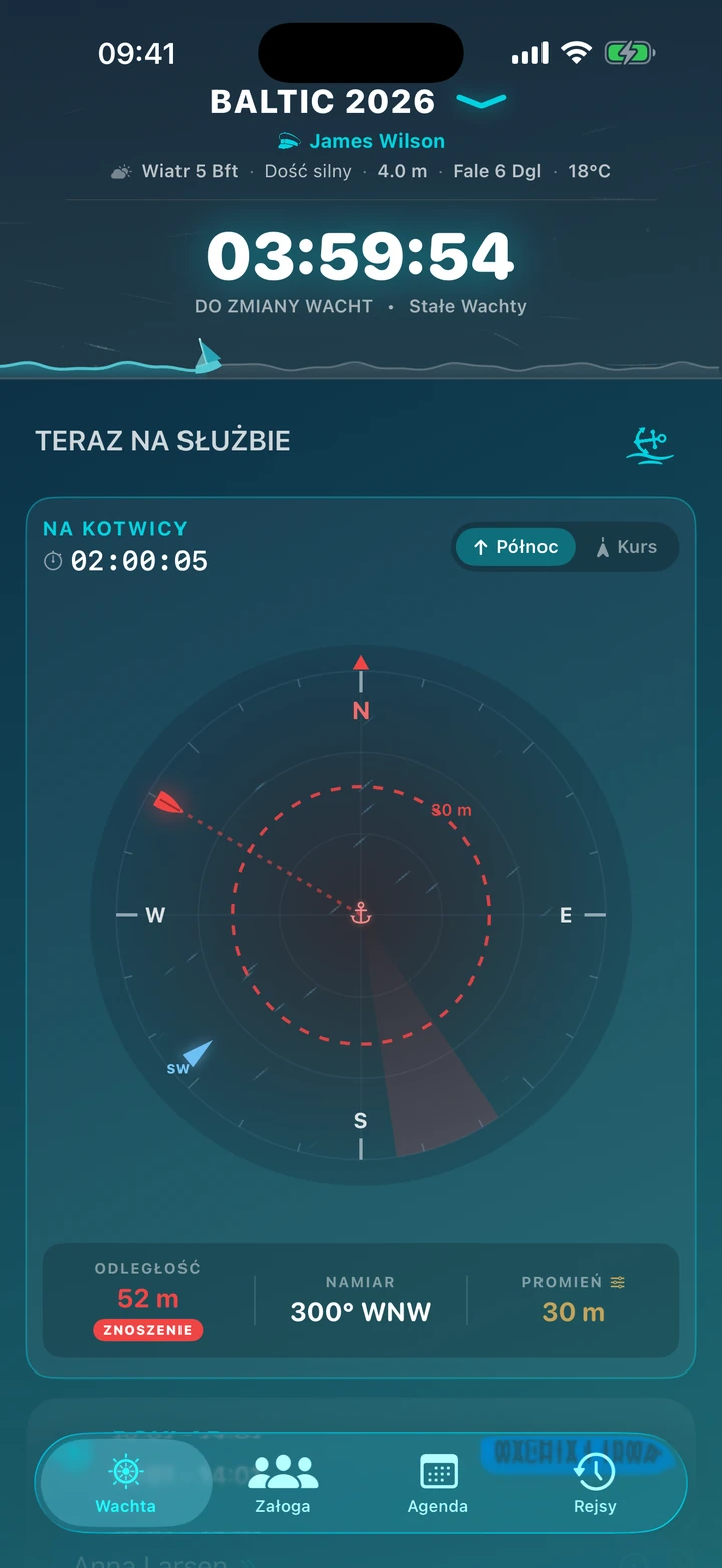 Radar znoszenia na dashboardzie rejsu — alarm kotwiczny
