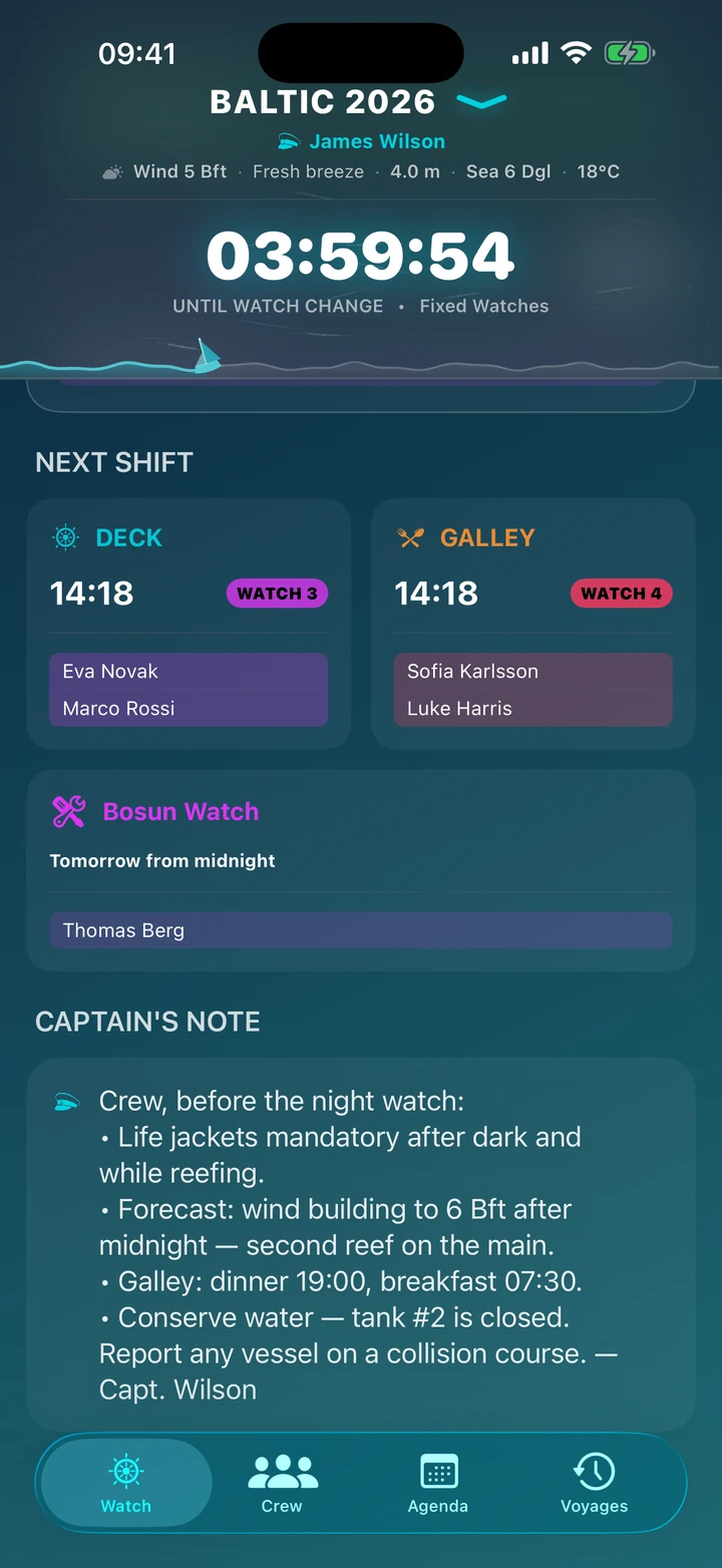 Captain's note on the Wachty app main screen — a message for the crew