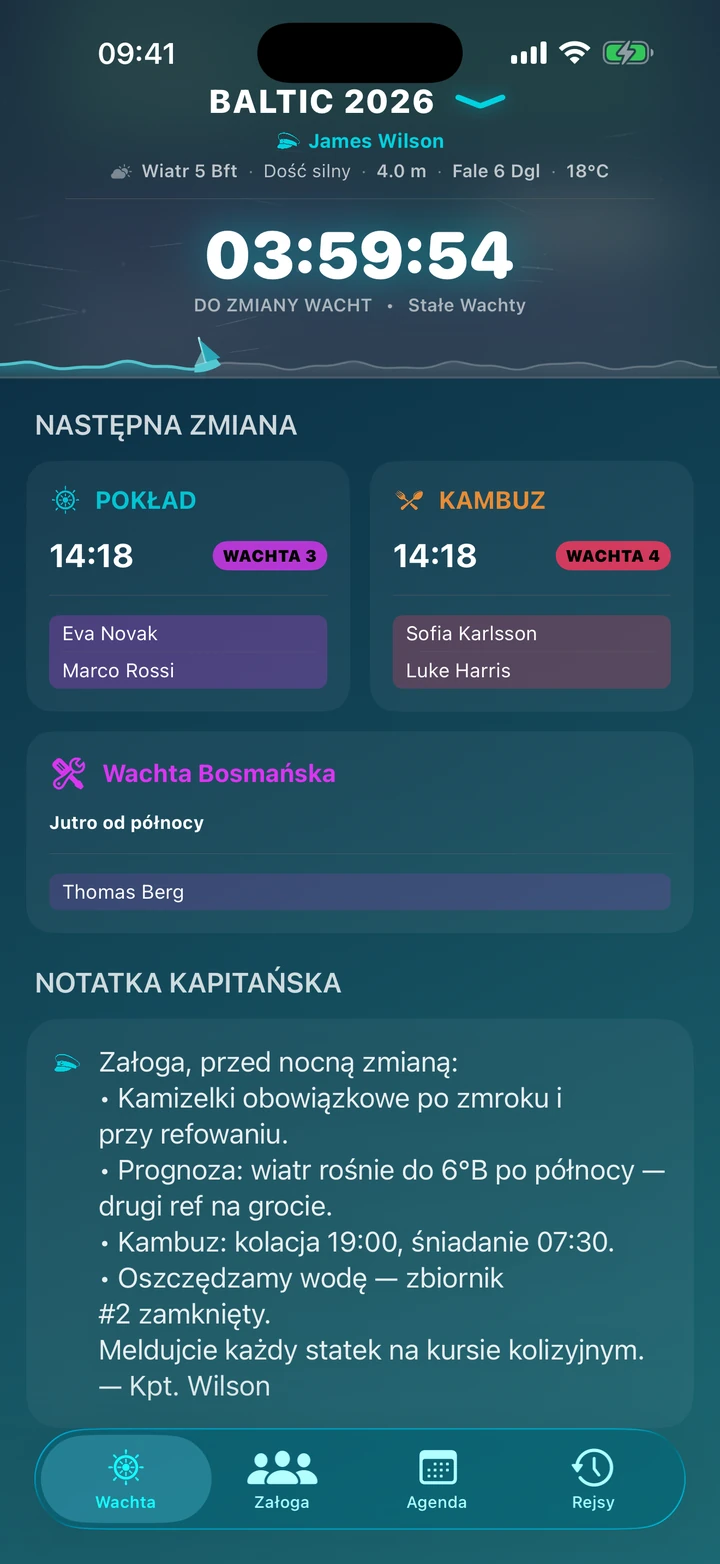 Notatka kapitańska na głównym ekranie aplikacji Wachty — komunikat dla załogi